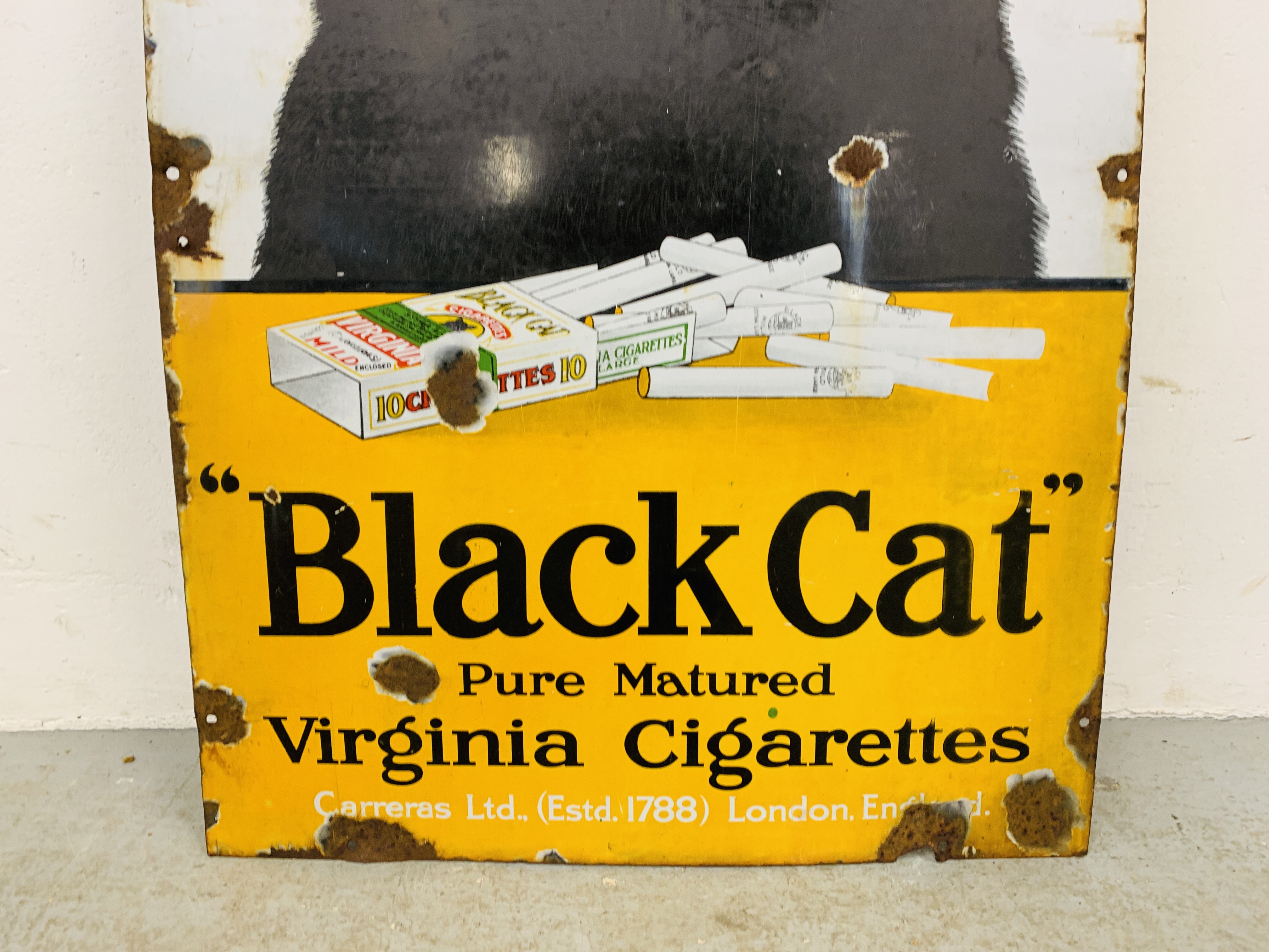 A VINTAGE ENAMELLED "BLACK CAT" PURE MATURED VIRGINIA CIGARETTES ADVERTISING SIGN, W 61CM, H 91CM. - Image 3 of 4