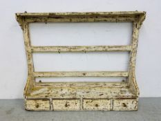 A RUSTIC PINE SHABBY CHIC WALL HANGING RACK WITH 4 SPICE DRAWERS, W 110CM, D 22CM, H 91CM.