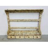 A RUSTIC PINE SHABBY CHIC WALL HANGING RACK WITH 4 SPICE DRAWERS, W 110CM, D 22CM, H 91CM.