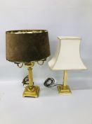 2 BRASS COLUMN EFFECT TABLE LAMPS, 1 WITH MODERN SUEDE SHADE - TALLEST 62CM - SOLD AS SEEN.