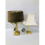 2 BRASS COLUMN EFFECT TABLE LAMPS, 1 WITH MODERN SUEDE SHADE - TALLEST 62CM - SOLD AS SEEN.