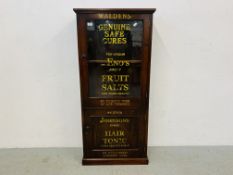 A MAHOGANY CHEMIST'S TRADE CABINET WITH CUPBOARD TO BASE, THE FRONT WITH GILT INSCRIPTION, W 63CM,