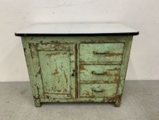 A RUSTIC SHABBY CHIC 3 DRAWER CABINET WITH ENAMEL TOP, W 92CM, D 46CM, H 76CM.