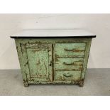 A RUSTIC SHABBY CHIC 3 DRAWER CABINET WITH ENAMEL TOP, W 92CM, D 46CM, H 76CM.