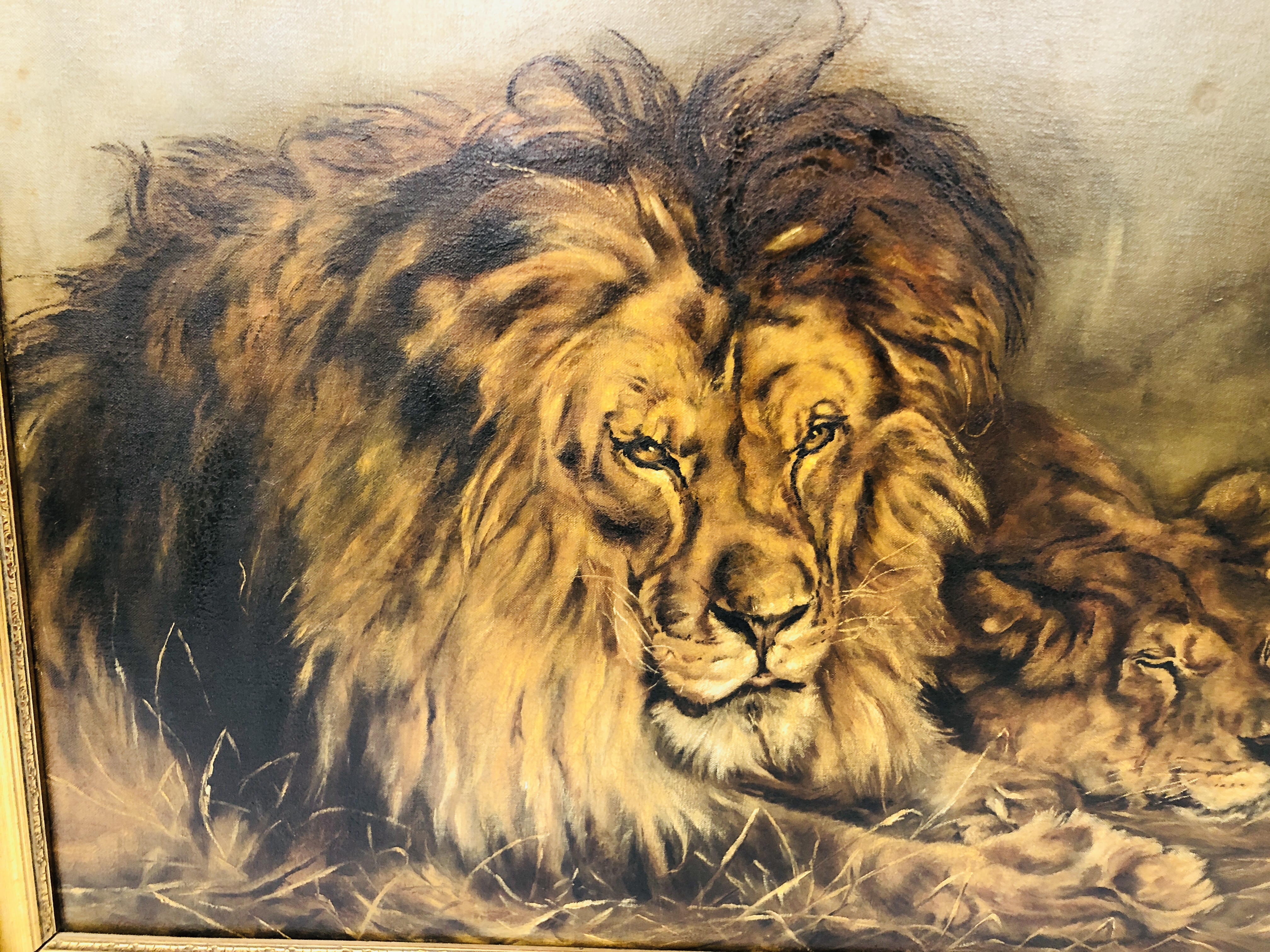 OIL ON CANVAS LION & LIONESS DETAILS TO REVERSE (PAINTED FROM A PICTURE HALF THIS SIZE BY E.G. - Bild 2 aus 5