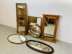 SEVEN VARIOUS DECORATIVE MIRRORS TO INCLUDE CONVEX,