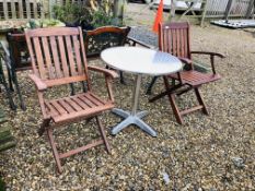 A PAIR OF HARDWOOD GARDEN CHAIRS AND CHROME FINISH CIRCULAR TABLE