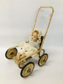 A VINTAGE "SEARCH LIGHT" DOLLS PUSH CHAIR AND VINTAGE COMPOSITE BODY DOLL