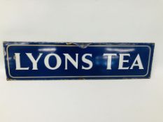 A VINTAGE "LYONS TEA" ENAMEL ADVERTISING SIGN - W 69CM. H 18CM.