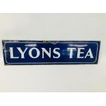 A VINTAGE "LYONS TEA" ENAMEL ADVERTISING SIGN - W 69CM. H 18CM.