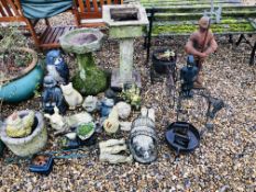 A COLLECTION OF APPROX 18 GARDEN ORNAMENTS AND FEATHERS TO INCLUDE BIRD BATH, CHICKENS, PLANTER,