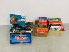 3 BOXES CONTAINING VARIOUS PUZZLES AND GAMES TO INCLUDE MONOPOLY, TRIVIAL PURSUIT, SCRABBLE CARDS,