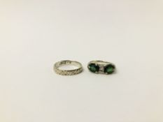 A 9CT WHITE GOLD WEDDING BAND AND A DECO STYLE EMERALD AND DIAMOND SET RING NO VISIBLE HALLMARK.