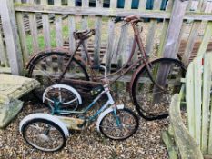 A VINTAGE SALVAGED RUSTY BICYCLE + VINTAGE CHILD'S TRICYCLE A/F.