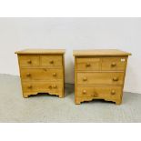 A PAIR OF WAXED PINE TWO OVER TWO DRAWER MINIATURE / BEDSIDE CHESTS EACH W 58CM. D 35CM. H 60CM.