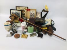 BOX OF MIXED COLLECTIBLES TO INCLUDE SILVER BANDED WALKING CANE, CIGARETTE HOLDERS,