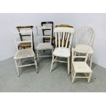 8 ASSORTED VINTAGE CHAIRS TO INCLUDE PINE, PAINTED, STICK BACK, CHILD'S, PENNY SEAT ETC.