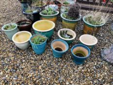 COLLECTION OF 13 VARIOUS GARDEN PLANTERS INCLUDING GLAZED AND VARIOUS MATCHING.