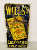 A VINTAGE "WILLS GOLD FLAKE CIGARETTES" ENAMEL ADVERTISING SIGN, W 46CM, H 91CM - POOR CONDITION.