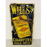 A VINTAGE "WILLS GOLD FLAKE CIGARETTES" ENAMEL ADVERTISING SIGN, W 46CM, H 91CM - POOR CONDITION.