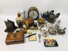 BOX OF MIXED COLLECTIBLES TO INCLUDE SILVER PLATED WARE, WHISKY MINIATURES, TREEN BOXES,