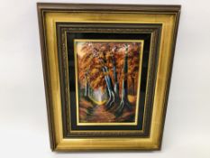 MICHAEL BETOURNE LIMOGES PAINTED ON GLASS OF AUTUMN FOREST SCENE 1979 FRAMED AND MOUNTED 19CM X