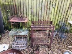 A GROUP OF WEATHERED METAL GARDEN STANDS AND RACKS (12 PIECES).