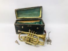 A VINTAGE BRASS TRUMPET A/F IN FITTED WOODEN CASE WITH BOOSEY & HAWKES MOUTH PIECES