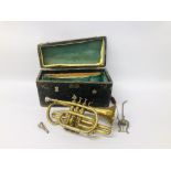 A VINTAGE BRASS TRUMPET A/F IN FITTED WOODEN CASE WITH BOOSEY & HAWKES MOUTH PIECES