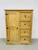 A MEXICAN CORONA WAXED PINE COMBINATION FOUR DRAWER WARDROBE - W 110CM. D 47CM. H 145CM.