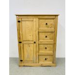 A MEXICAN CORONA WAXED PINE COMBINATION FOUR DRAWER WARDROBE - W 110CM. D 47CM. H 145CM.