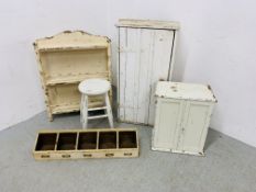 5 PIECES OF VINTAGE FURNITURE TO INCLUDE 5 SECTION DESK TIDY, PINE STOOL, PINE PAINTED 2 TIER RACK,