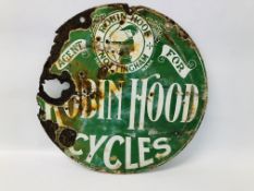 A VINTAGE "ROBIN HOOD CYCLES" ENAMEL ADVERTISING SIGN - GREEN GROUND WHITE LETTERING - DIAMETER