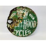 A VINTAGE "ROBIN HOOD CYCLES" ENAMEL ADVERTISING SIGN - GREEN GROUND WHITE LETTERING - DIAMETER