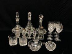 NINETEEN PIECES OF EDINBURGH CRYSTAL TO INCLUDE THREE DECANTERS, SET OF SIX WINE GLASSES, TUMBLERS,