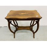 AN ANTIQUE HARDWOOD SHAPED TOP SIDE TABLE WITH INLAID DECORATION W 66CM. D 38CM. H 73CM.