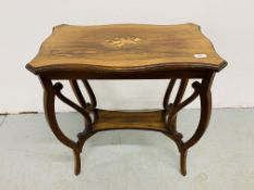 AN ANTIQUE HARDWOOD SHAPED TOP SIDE TABLE WITH INLAID DECORATION W 66CM. D 38CM. H 73CM.