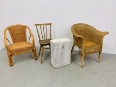 A ROLL ARM WICKER CHAIR, ONE OTHER CANE ELBOW CHAIR,
