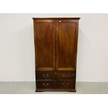 A GEORGE III MAHOGANY LINEN PRESS, TWO DOORS ABOVE BLIND DRAWERS (CONVERTED), WIDTH 108CM.