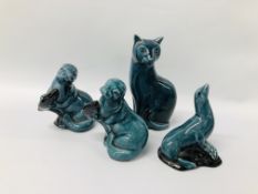 4 X POOLE POTTERY CABINET ORNAMENTS TO INCLUDE 3 X SEALS & A CAT.