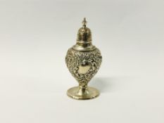 A VICTORIAN SILVER PEPPER OF SPADE SHAPE DECORATED IN THE ROCCO STYLE SHEFFIELD 1889,