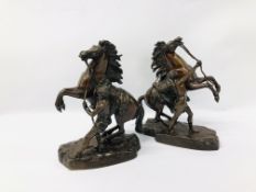 PAIR OF BRONZE EQUINE GROUPS AFTER COUSTOU BEARING SIGNATURE "MARLY HORSES" - H 28.5CM.