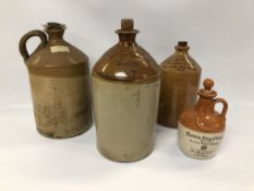 4 STONEWARE FLAGONS TO INCLUDE LOCAL GREEN & WRIGHT WINE AND SPIRIT MERCHANTS NORWICH,