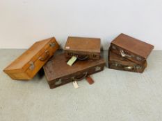 5 VINTAGE LEATHER BOUND LUGGAGE CASES SOME WITH INITIALS