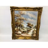 AN OIL ON CANVAS OF RIVER SCENE BY C. INNESS IN GILT FRAME W 49CM. H 60CM.