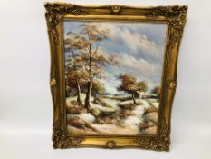 AN OIL ON CANVAS OF RIVER SCENE BY C. INNESS IN GILT FRAME W 49CM. H 60CM.