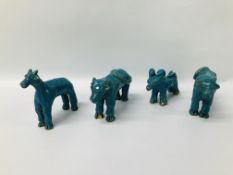 A GROUP OF FOUR TURQUOISE GLAZED ANIMALS,