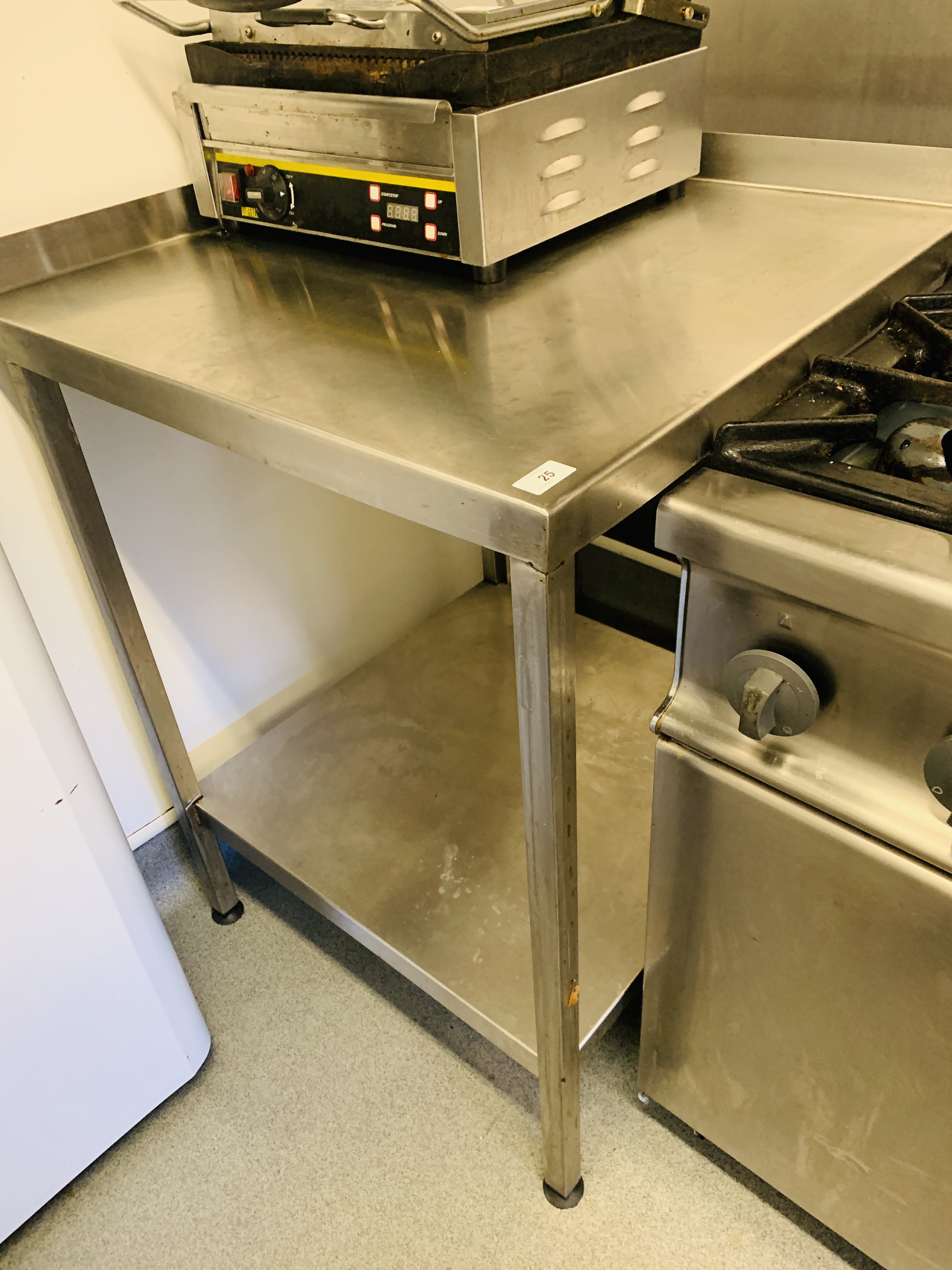 2 X STAINLESS STEEL TWO TIER CORNER CATERING PREPARATION TABLE - W 70CM. D 70CM.