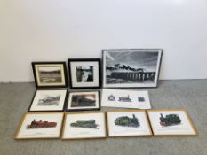 BOX OF ASSORTED RAILWAY RELATED FRAMED PICTURES & PRINTS TO INCLUDE A SET OF COLOURED BOOK PLATES