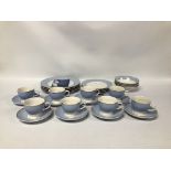 28 PIECES DOULTON DINNERWARE PALE BLUE, WHITE AND GOLD RIM.